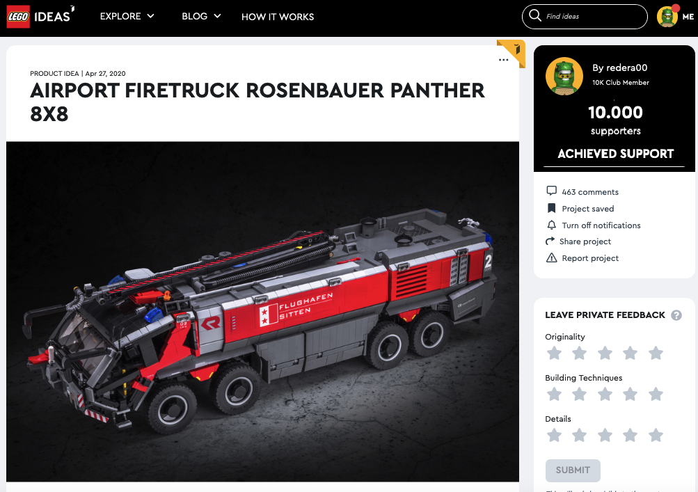 AIRPORT FIRETRUCK ROSENBAUER PANTHER 8X8 raggiunge i 10.000 like sul portale LEGO Ideas