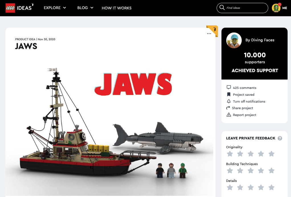 Jaws raggiunge i 10.000 like su LEGO® Ideas