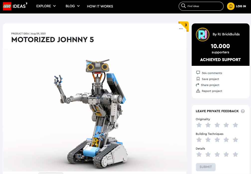 Motorized Johnny 5 raggiunge i 10.000 like su LEGO® Ideas