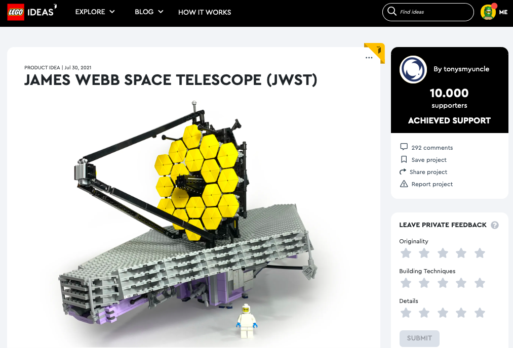 The James Webb Space Telescope (JWST) raggiunge i 10.000 like su LEGO® Ideas