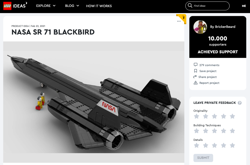 NASA SR 71 Blackbird raggiunge i 10.000 like su LEGO® Ideas