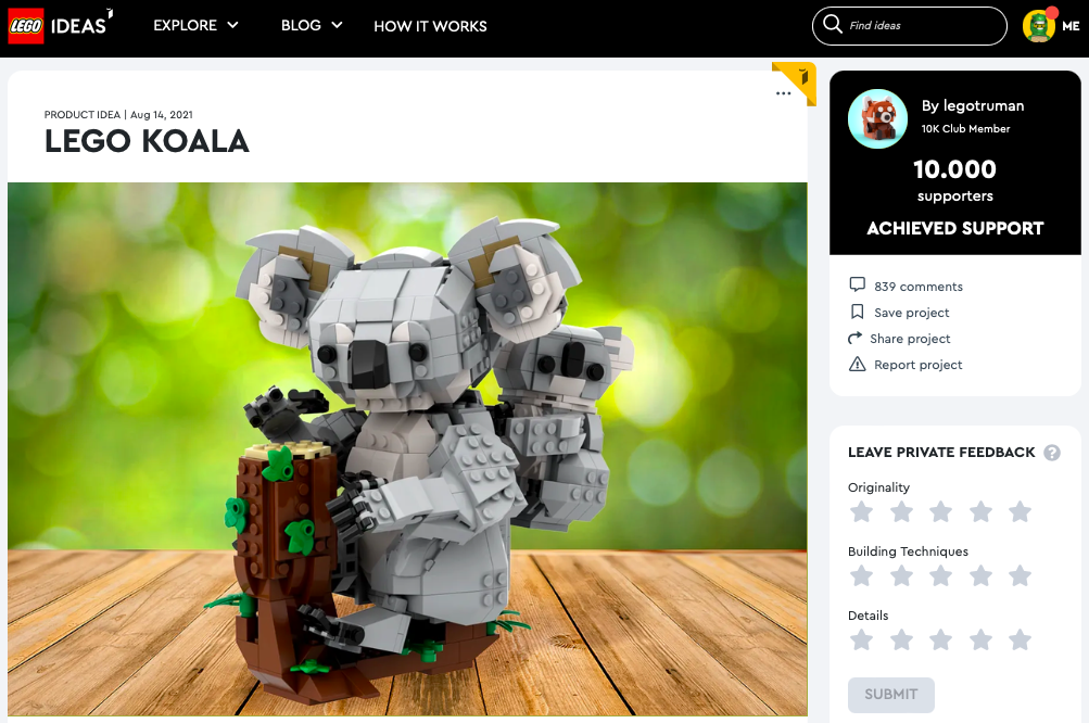 LEGO KOALA raggiunge i 10.000 like su LEGO® Ideas