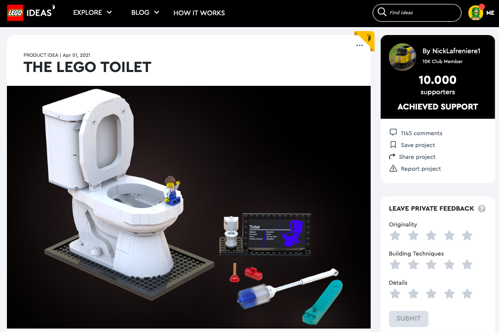 The LEGO Toilet raggiunge i 10.000 like su LEGO® Ideas