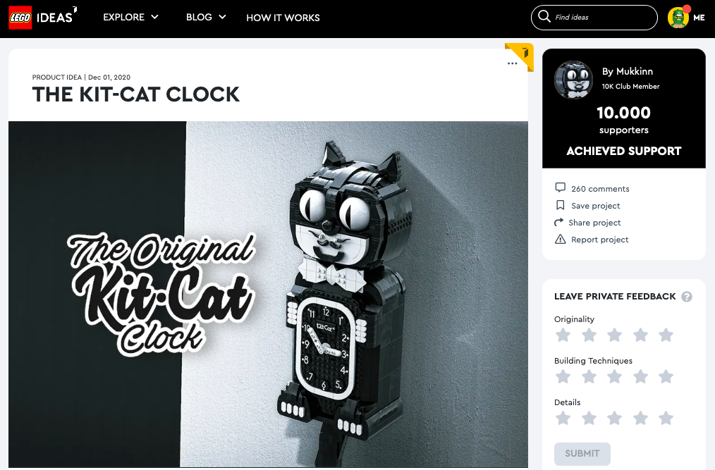 The Kit-Cat Clock raggiunge i 10.000 like su LEGO® Ideas