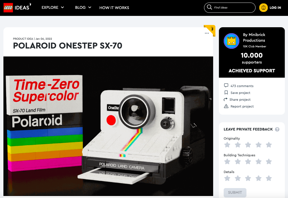 Polaroid Onestep SX-70 raggiunge i 10.000 like su LEGO® Ideas