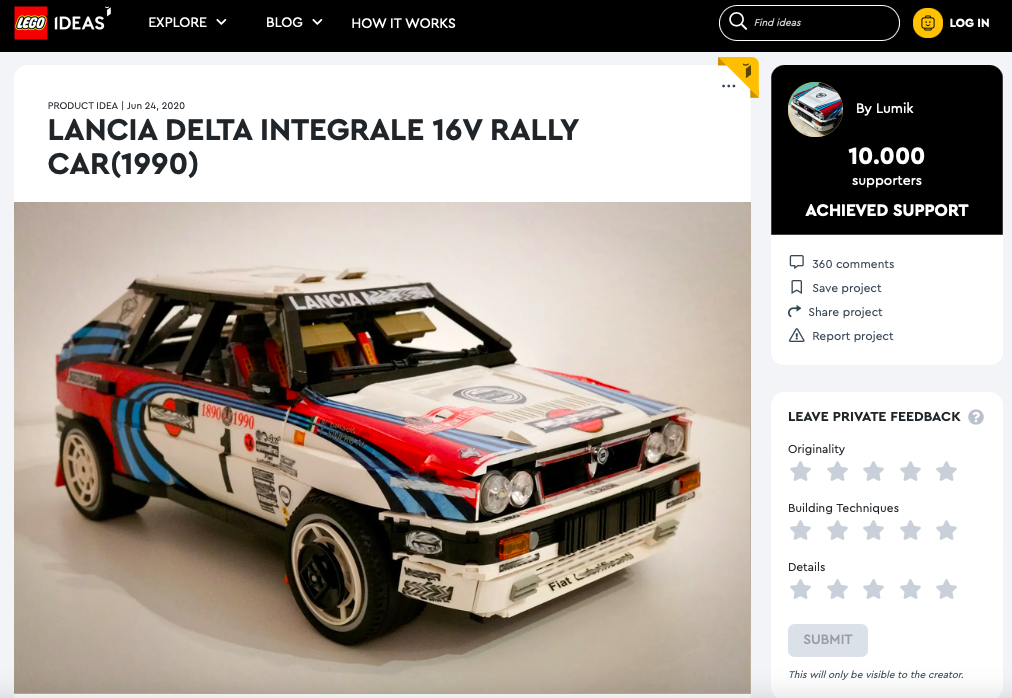 Lancia Delta Integrale 16v Rally Car 1990 raggiunge i 10.000 like su LEGO® Ideas