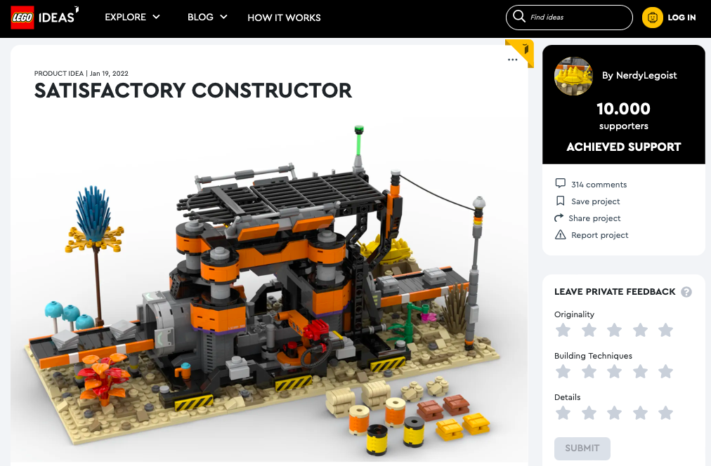 Satisfactory Constructor raggiunge i 10.000 like su LEGO® Ideas