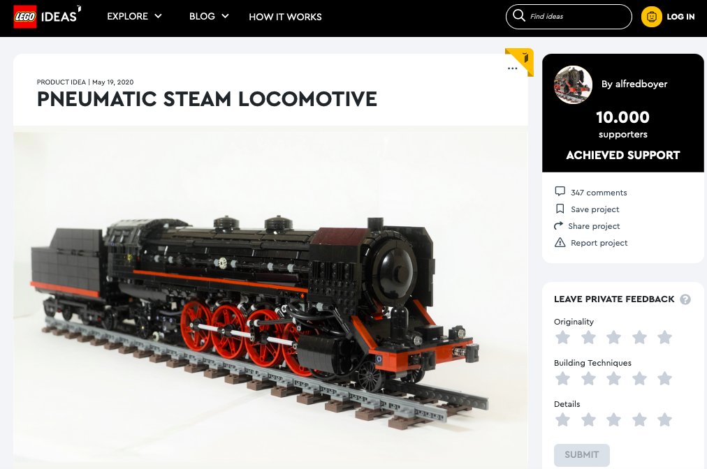 Pneumatic Steam Locomotive raggiunge i 10.000 like su LEGO® Ideas