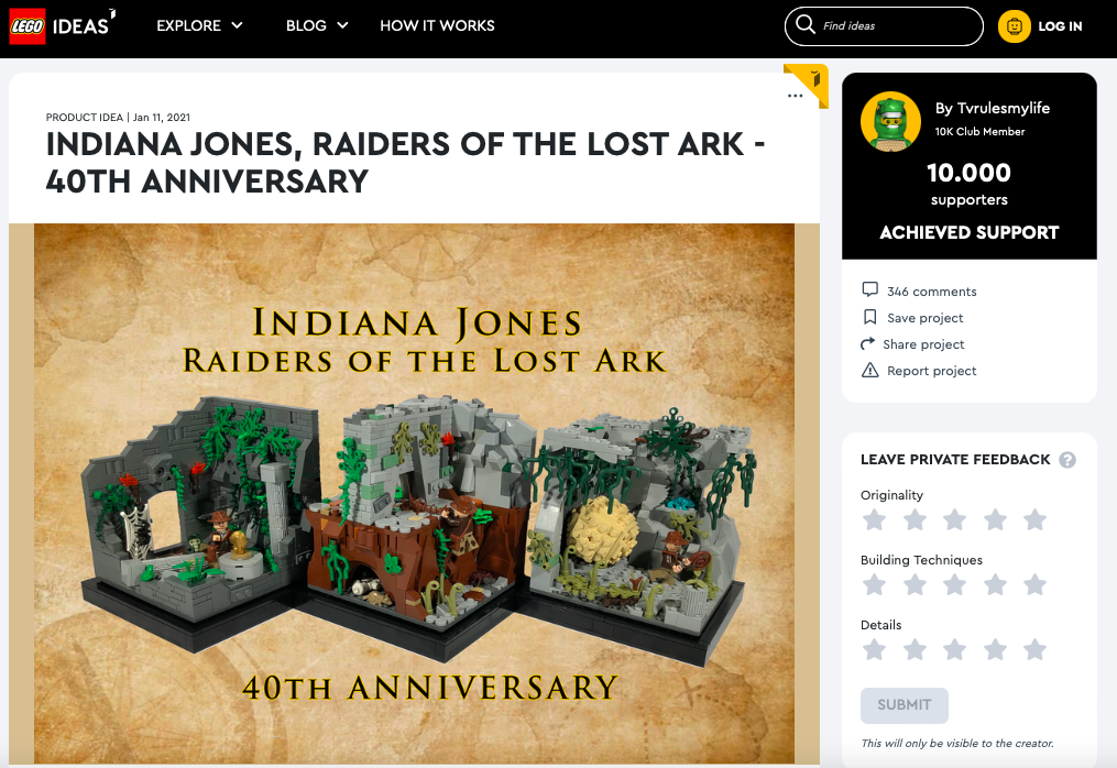 Indiana Jones, Raiders of the Lost Ark – 40th Anniversary raggiunge i 10.000 like su LEGO® Ideas