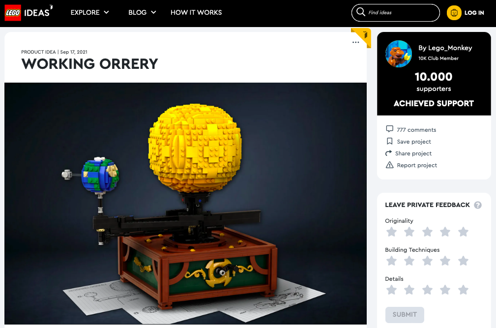 Working Orrery ha raggiunto 10.000 like su LEGO® Ideas