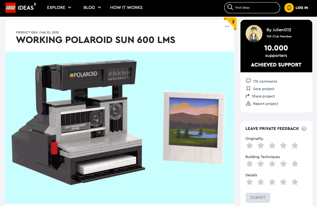 Working Polaroid Sun 600LMS ha raggiunto 10.000 like su LEGO® Ideas