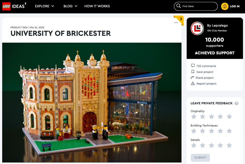 University of Brickester ha raggiunto 10.000 like su LEGO® Ideas