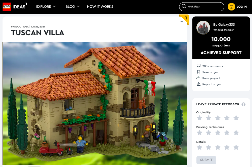 Tuscan Villa ha raggiunto 10.000 like su LEGO® Ideas
