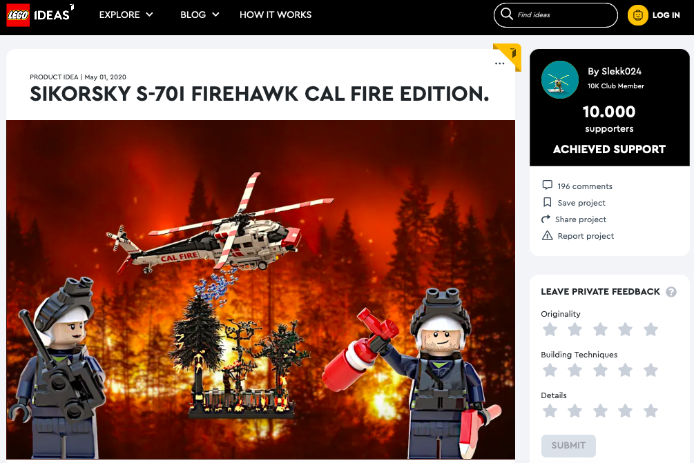 Sikorsky S-70I Firehawk Cal Fire Edition ha raggiunto 10.000 like su LEGO® Ideas