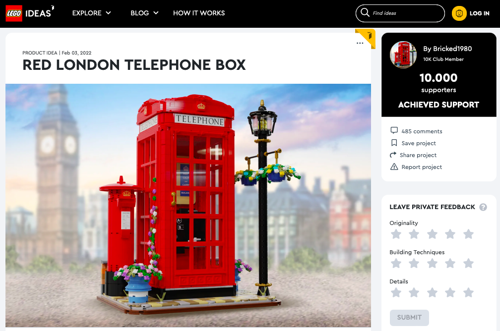 Red London Telephone Box ha raggiunto 10.000 like su LEGO® Ideas