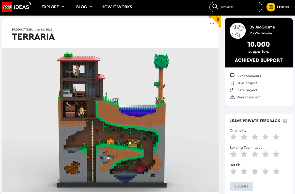 Terraria ha raggiunto 10.000 like su LEGO® Ideas