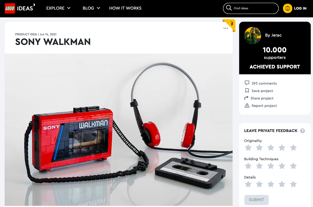 Sony Walkman ha raggiunto 10.000 like su LEGO® Ideas