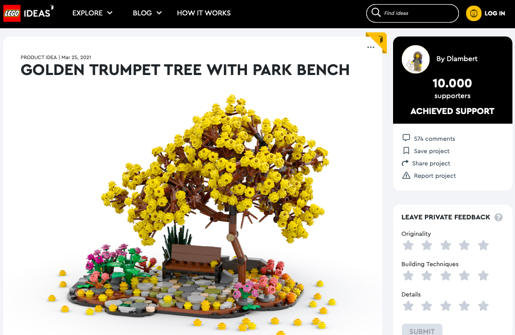 The Golden Trumpet tree with Park Bench ha raggiunto 10.000 like su LEGO® Ideas