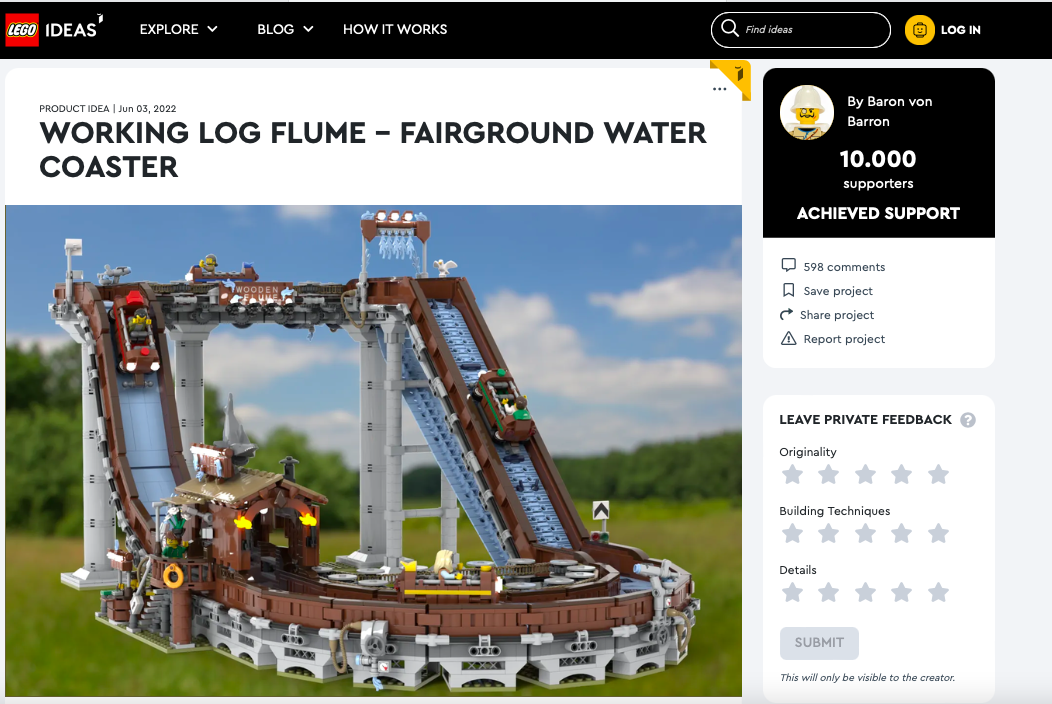 The Working Log Flume – Fairground Water Coaster ha raggiunto 10.000 like su LEGO® Ideas