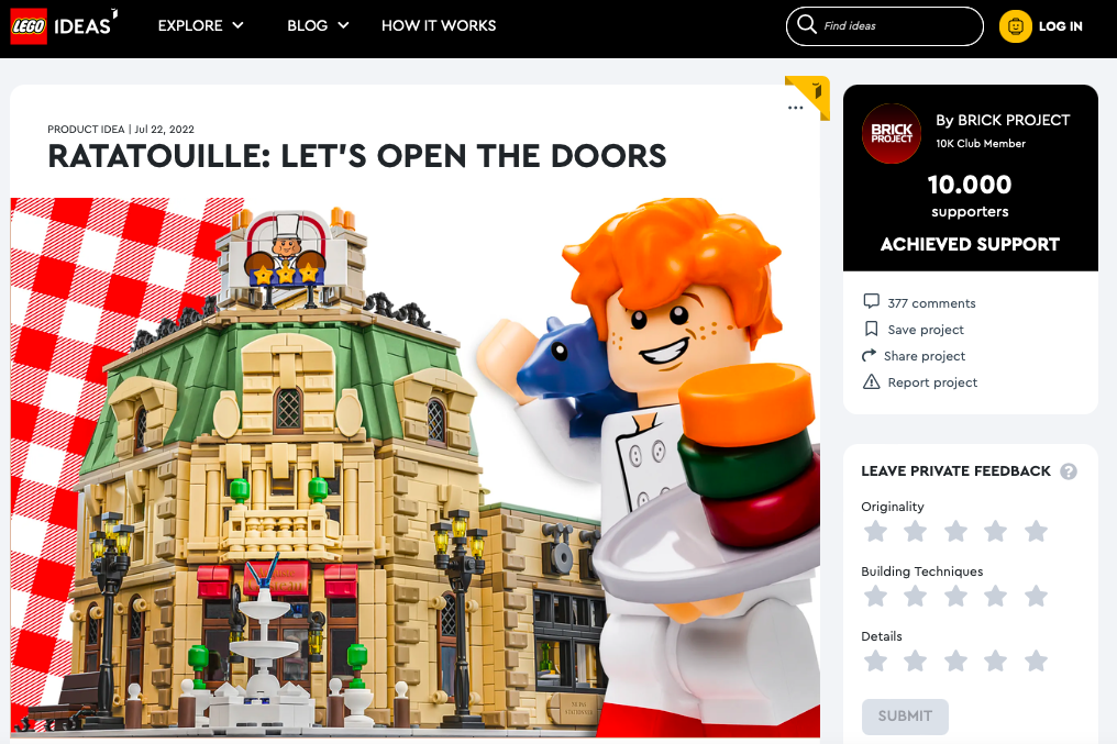 Ratatouille: Let’s Open the Doors ha raggiunto 10.000 like su LEGO® Ideas