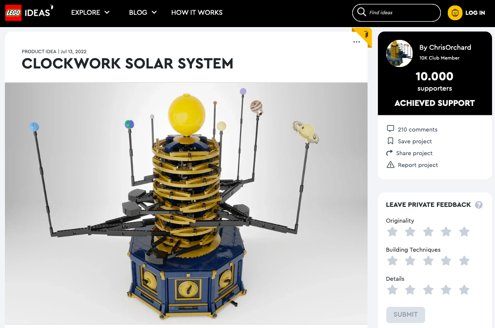 Clockwork Solar System ha raggiunto 10.000 like su LEGO® Ideas