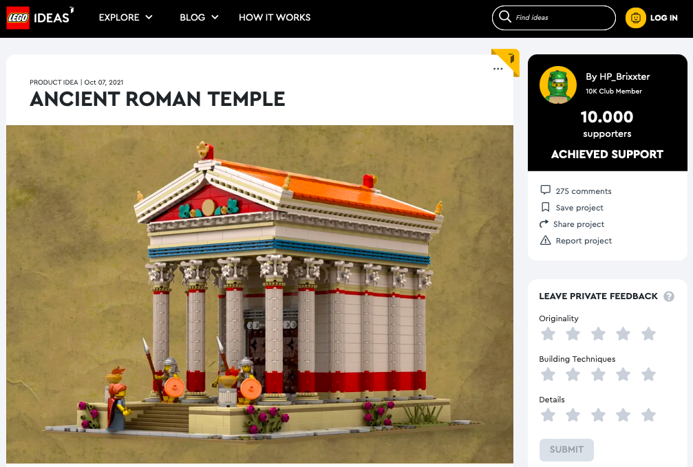 Ancient Roman Temple ha raggiunto 10.000 like su LEGO® Ideas