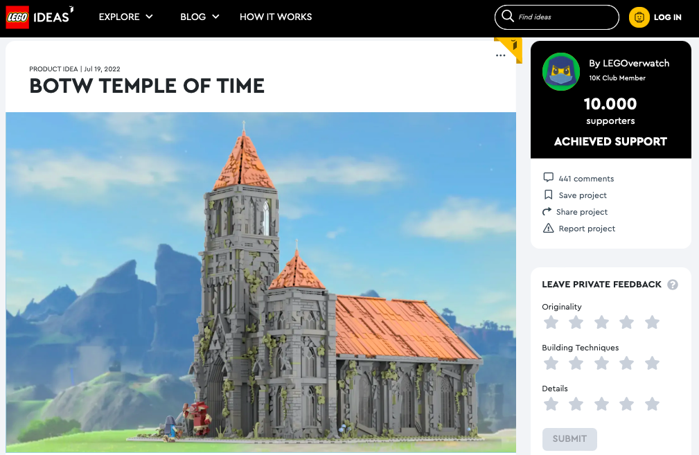 BOTW Temple of Time ha raggiunto 10.000 like su LEGO® Ideas