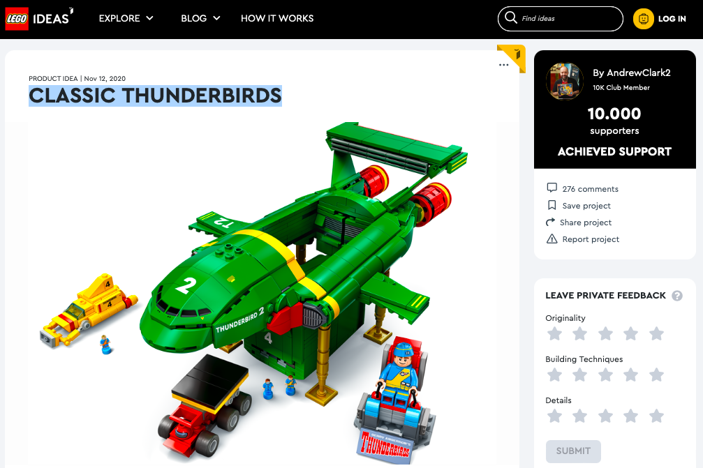 Classic Thunderbirds ha raggiunto 10.000 like su LEGO® Ideas