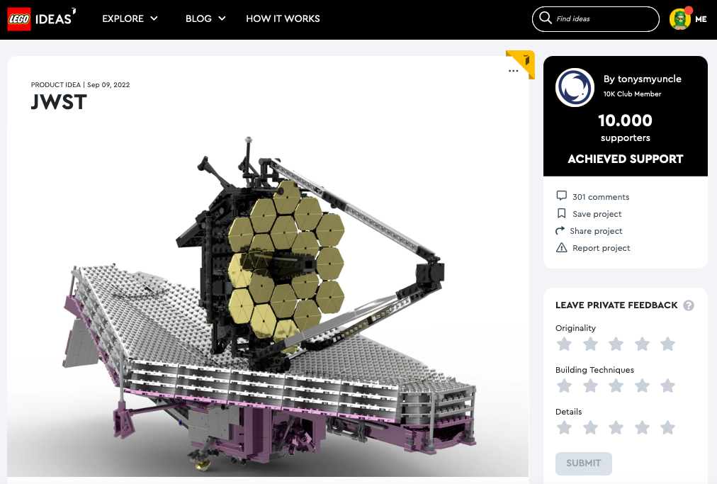 JWST ha raggiunto 10.000 like su LEGO® Ideas
