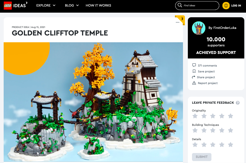 Golden Clifftop Temple ha raggiunto 10.000 like su LEGO® Ideas