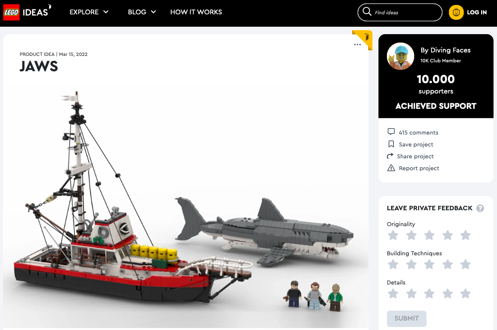 Jaws ha raggiunto 10.000 like su LEGO® Ideas
