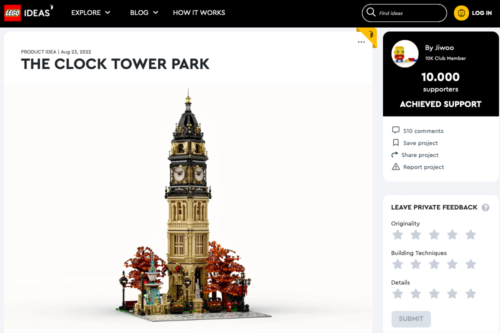 The Clock Tower Park ha raggiunto 10.000 like su LEGO® Ideas