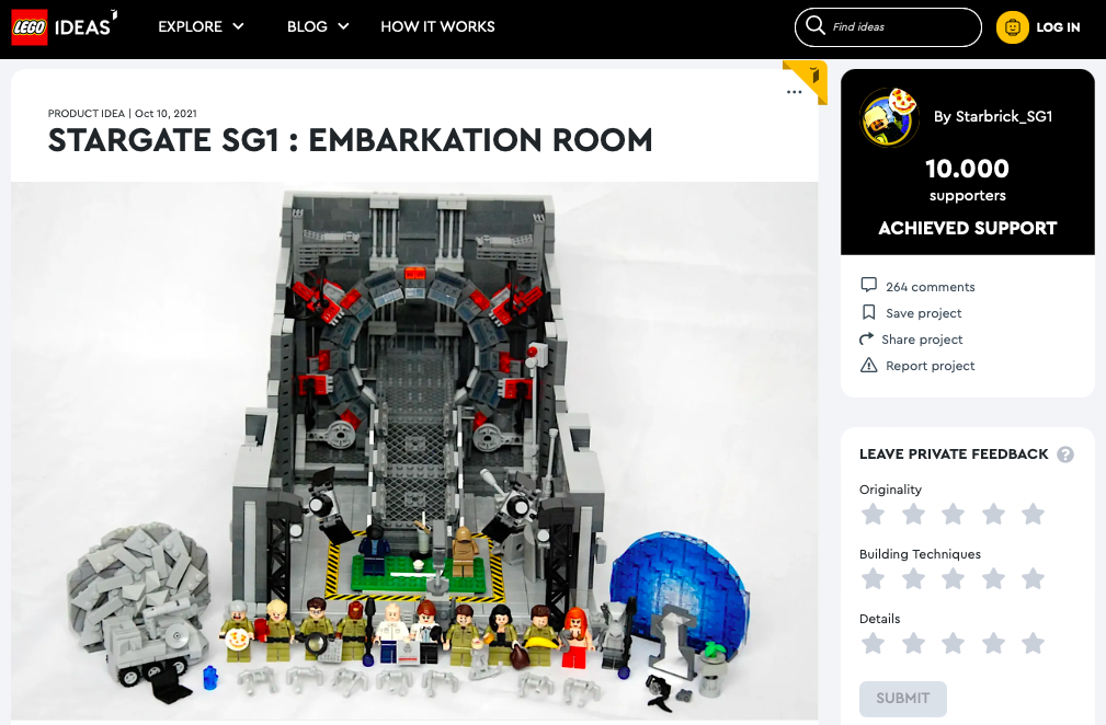 STARGATE SG1 : EMBARKATION ROOM ha raggiunto 10.000 like su LEGO® Ideas