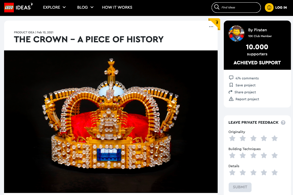 The Crown, a piece of history ha raggiunto 10.000 like su LEGO® Ideas