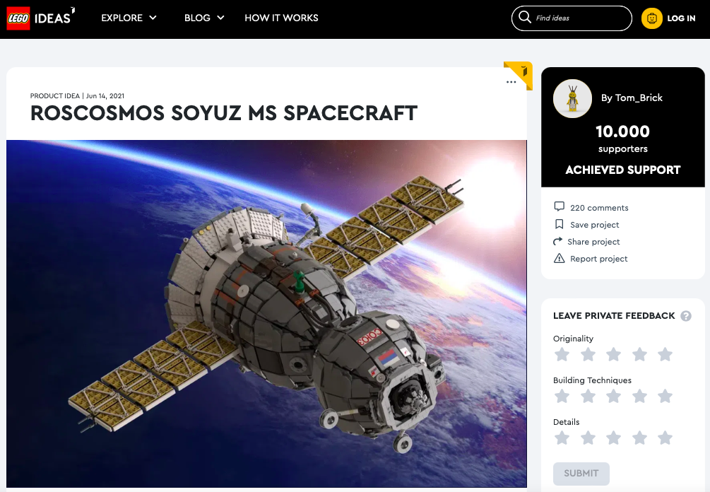 Roscosmos Soyuz MS Spacecraft ha raggiunto 10.000 like su LEGO® Ideas