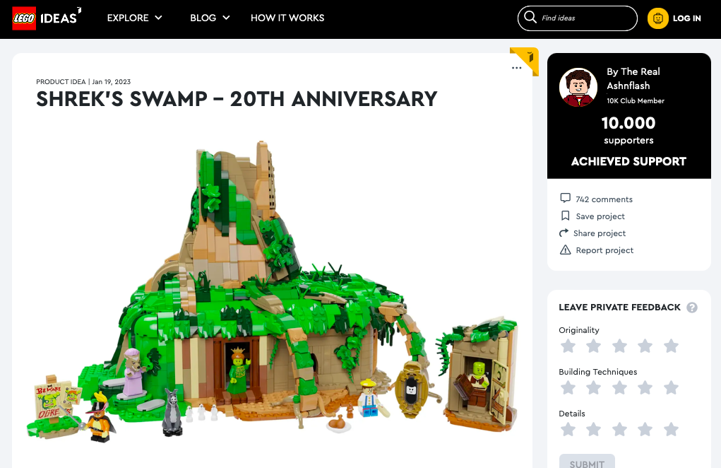 Shrek’s Swamp – 20th Anniversary ha raggiunto 10.000 like su LEGO® Ideas