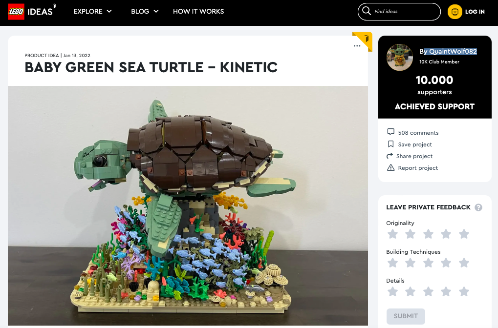 Baby Green Sea Turtle – Kinetic ha raggiunto i 10.000 like su LEGO® Ideas