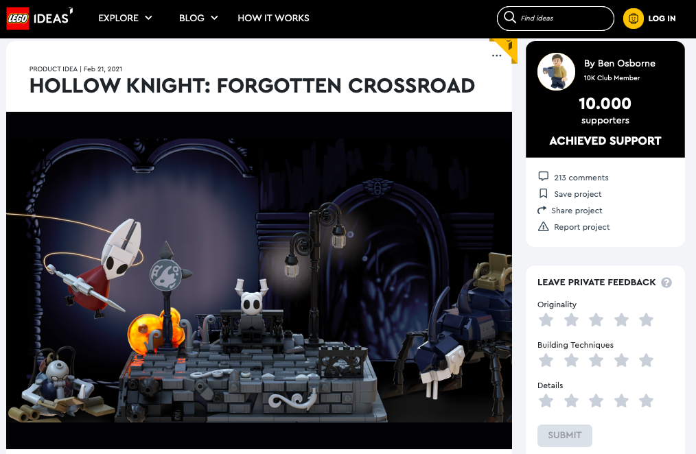 Hollow Knight: Forgotten Crossroad ha raggiunto i 10.000 like sul portale LEGO® Ideas