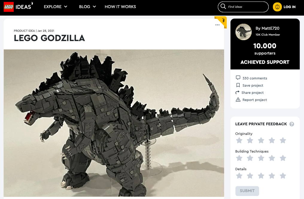 LEGO Godzilla ha raggiunto i 10.000 like sul portale LEGO® Ideas