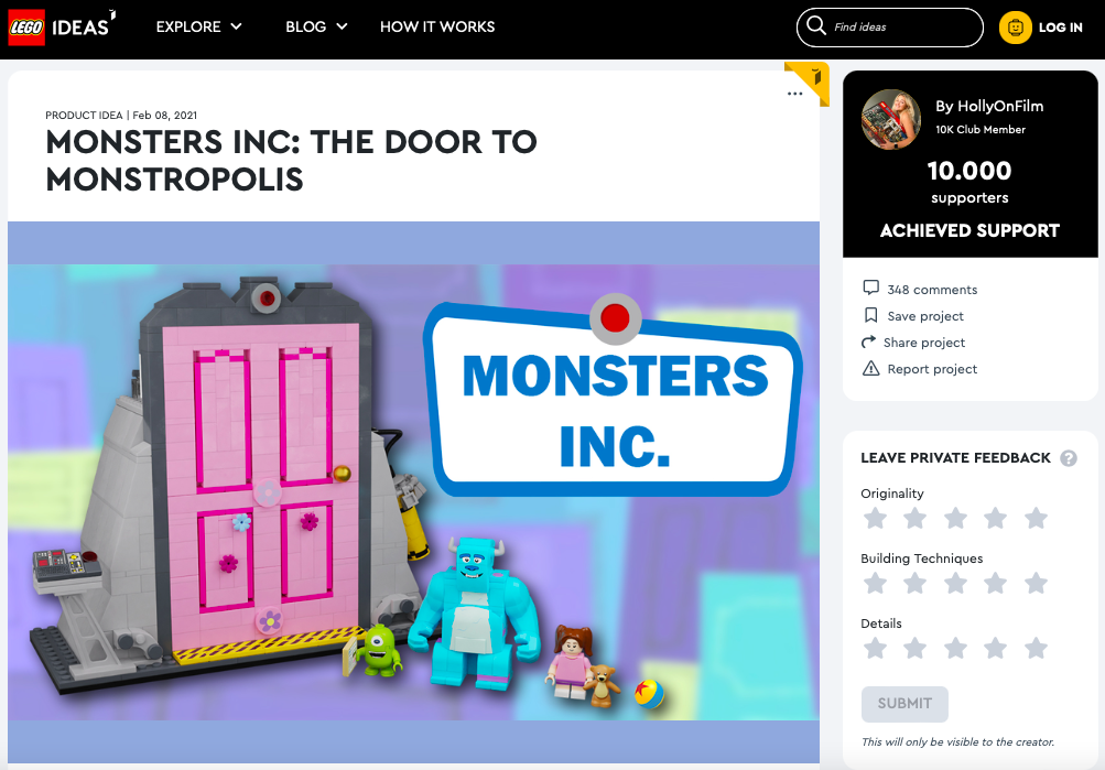 Monsters Inc: The Door to Monstropolis ha raggiunto i 10.000 like sul portale LEGO® Ideas