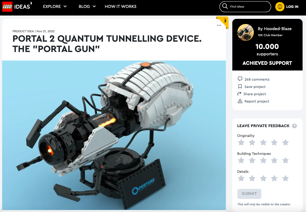 Portal 2 Quantum Tunneling Device. The ‘portal gun’ ha raggiunto i 10.000 like sul portale LEGO Ideas