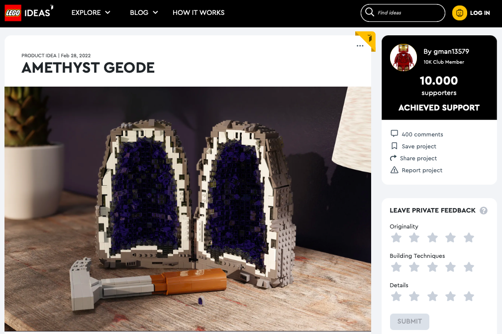 Amethyst geode ha raggiunto i 10.000 like sul portale LEGO® Ideas