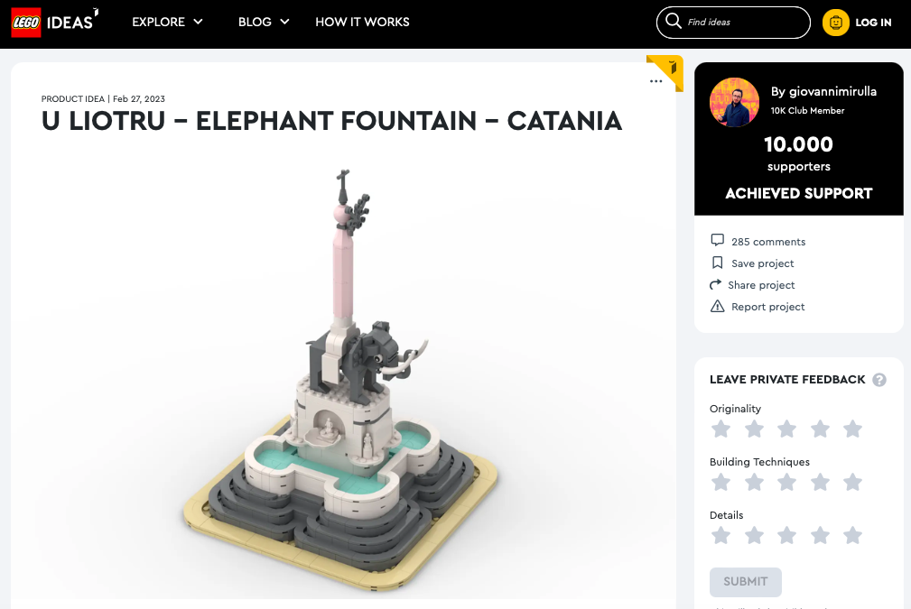 U Liotru Elephant Fontain ha raggiunto i 10.000 like sul portale LEGO® Ideas