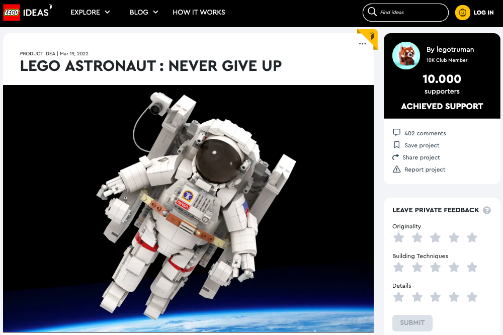 LEGO Astronaut: never give up ha raggiunto i 10.000 like sul portale LEGO® Ideas