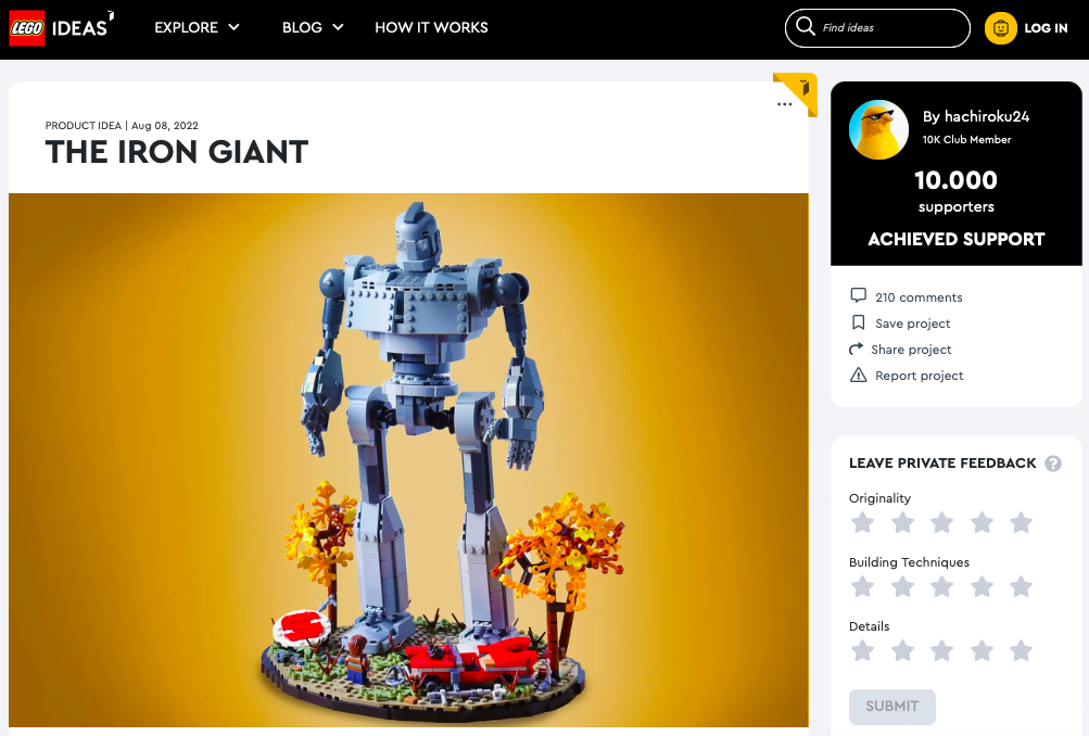 The iron Giant ha raggiunto i 10.000 like sul portale LEGO® Ideas