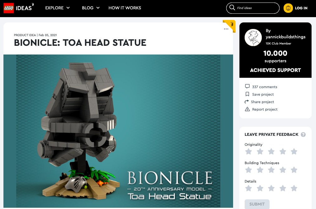 BIONICLE: Toa Head Statue ha raggiunto i 10.000 like sul portale LEGO® Ideas
