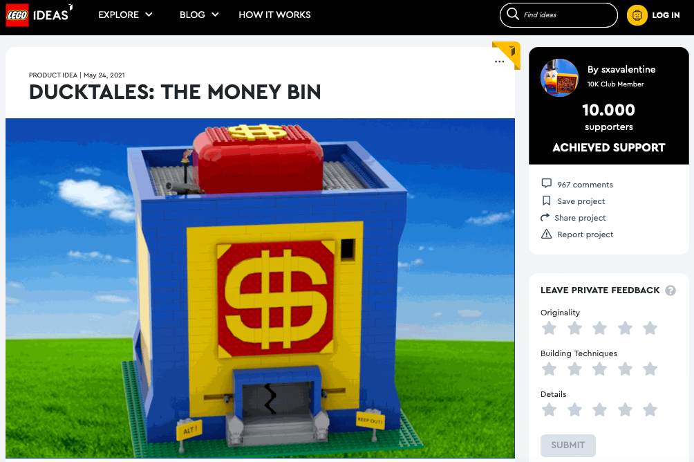 DuckTales: The Money Bin ha raggiunto i 10.000 like sul portale LEGO® Ideas
