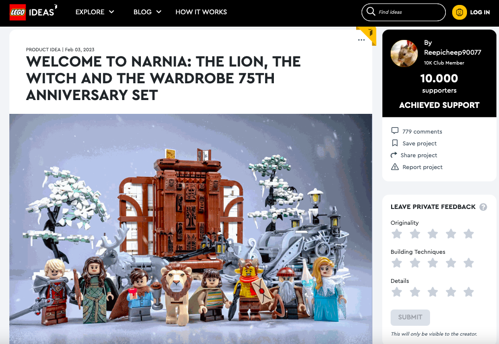 Welcome to Narnia – The Lion, The Witch, and The Wardrobe 75th Anniversary Set ha raggiunto i 10.000 like sul portale LEGO® Ideas