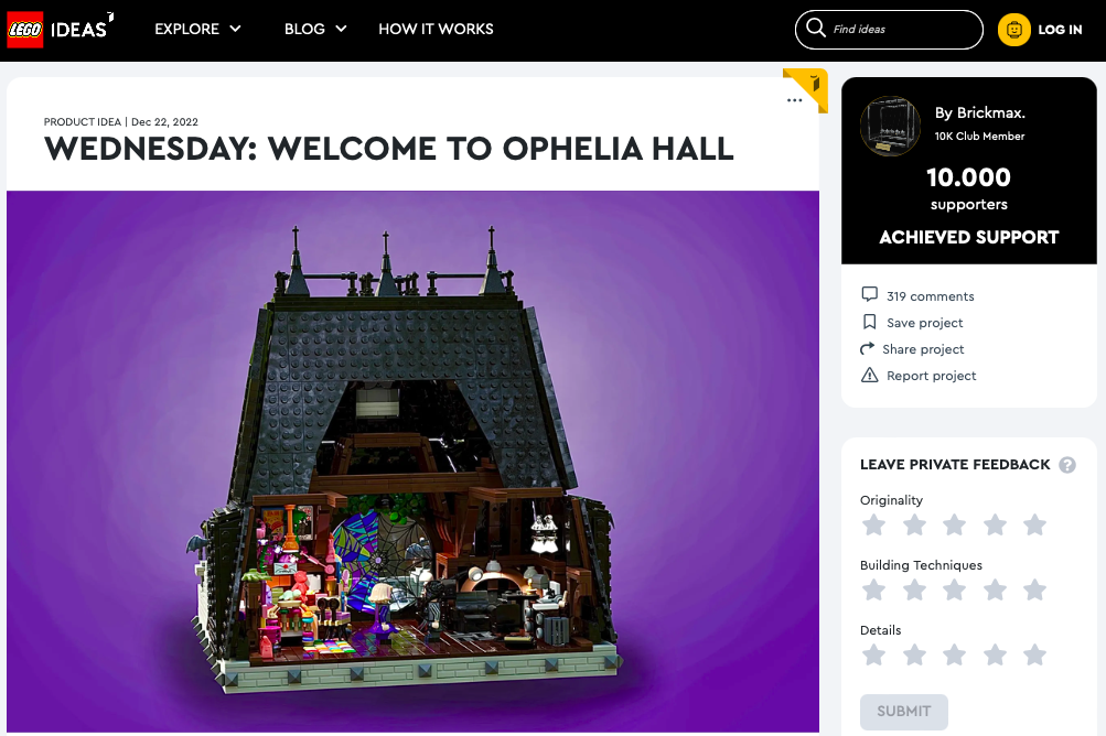 Wednesday: Welcome to Ophelia Hall ha raggiunto i 10.000 like sul portale LEGO® Ideas