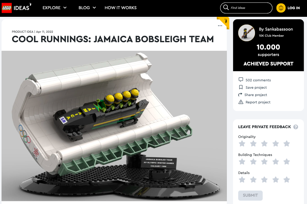 Cool Runnings: Jamaica Bobsleigh Team ha raggiunto i 10.000 like sul portale LEGO® Ideas